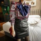 Bow Print Blouse / Faux Leather Mini Skirt