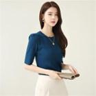 Puff-shoulder Short-sleeve Knit Top Blue - One Size