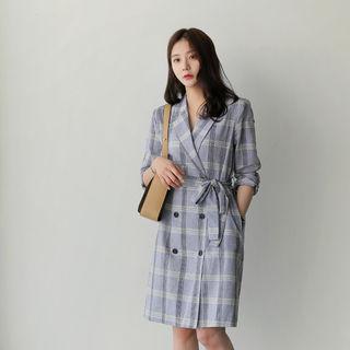 Double-breasted Checked Jacket With Sash
