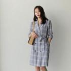 Double-breasted Checked Jacket With Sash
