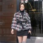 Stand-collar Plaid Zip Jacket With Belt