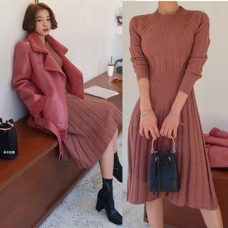 Long Sleeve Crewneck Gathered-waist Knit Dress
