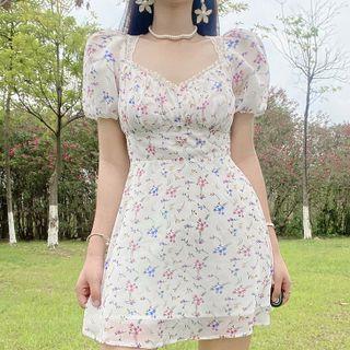Puff-sleeve Lace Trim Open-back Floral Mini A-line Dress