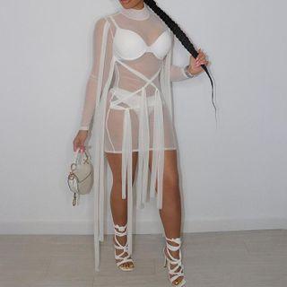 Long-sleeve Tie-strap Mesh Mini Bodycon Dress