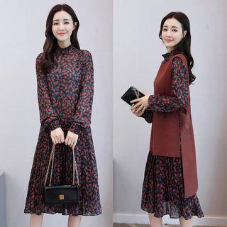 Set: Long-sleeve Patterned Dress + Tweed Long Vest