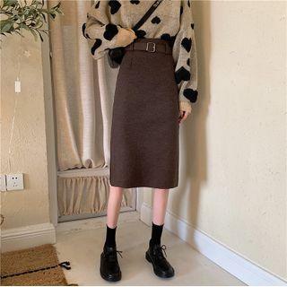 Heart Print Sweater / Back-slit Pencil Skirt