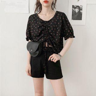Short-sleeve Drawstring Floral Printed Blouse