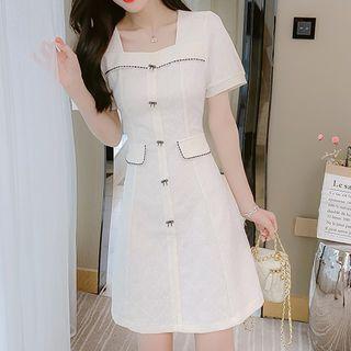 Short-sleeve Square Neck Bow Detail Mini Sheath Dress
