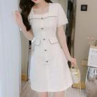 Short-sleeve Square Neck Bow Detail Mini Sheath Dress
