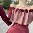 Long-sleeve Off-shoulder Floral-accent Midi A-line Dress