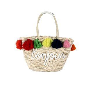 Lettering Tasseled Woven Tote