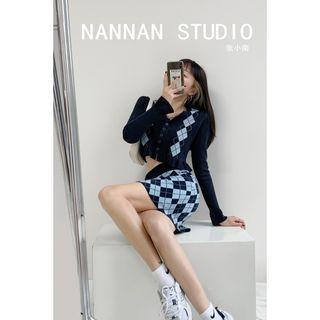Set: Argyle Button-up Knit Top + High-waist Mini Skirt