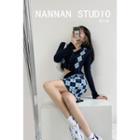 Set: Argyle Button-up Knit Top + High-waist Mini Skirt