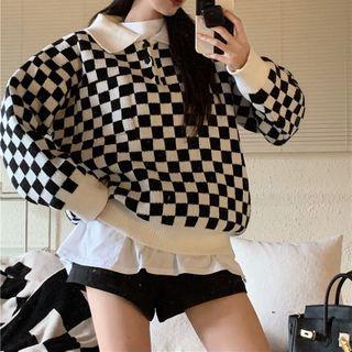 Polo Neck Check Sweater Black & White - One Size
