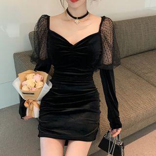 Mesh Panel Velvet Mini Bodycon Dress