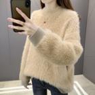 Mock-neck Plain Faux Furry Sweater