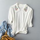 Short-sleeve Floral Embroidered Knit Polo Shirt