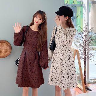 Set: Long-sleeve Floral Print Mini A-line Dress + Camisole Top