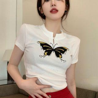 Short-sleeve Butterfly Print Top White - One Size