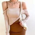 Set: Off-shoulder Asymmetrical Cropped T-shirt + Spaghetti Strap Mini Bodycon Dress