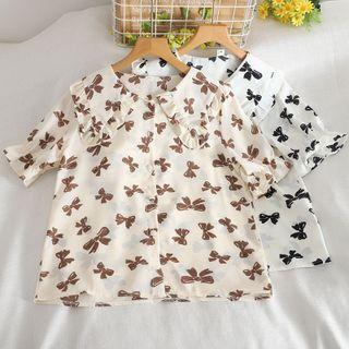 Short-sleeve Frill Trim Bow Print Blouse