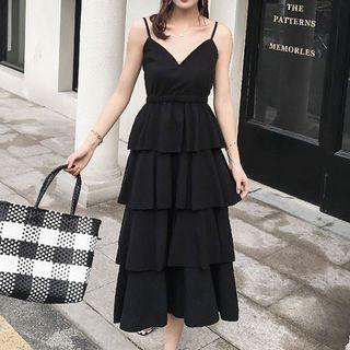 Spaghetti-strap Layered A-line Midi Dress