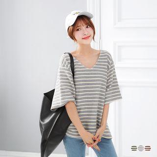 V-neck Striped Dolman Roomy Tee