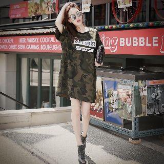 Short-sleeve Lettering Camouflage T-shirt Dress