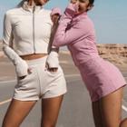 Set: High Neck Long Sleeve Zip-up Sweater + Shorts