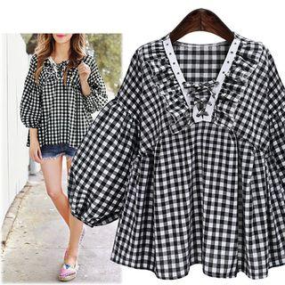 Gingham Puff-sleeve Blouse