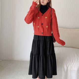 Long-sleeve Turtleneck T-shirt / Flower Embroidered Cardigan / Midi A-line Skirt / Set