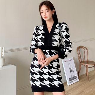Houndstooth Knit Mini Bodycon Dress Houndstooth - Black & White - One Size
