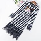 Cat Embroidered Striped Long-sleeve T-shirt Dress