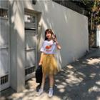Short-sleeve Print T-shirt / Plaid Mini A-line Skirt