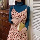 Long-sleeve Turtle-neck T-shirt / Spaghetti Strap Floral Print Midi A-line Dress