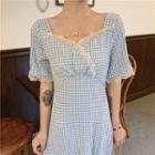 Short-sleeve Gingham Lace Trim Midi A-line Dress
