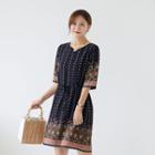 Long-sleeve Patterned Midi Flare Dress Navy Blue - One Size