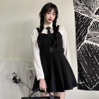 Long Sleeve Button-up Shirt / Pleated Mini Overall Dress