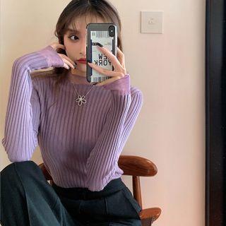 Plain Stand Collar Mesh Panel Sleeve Knitted Top