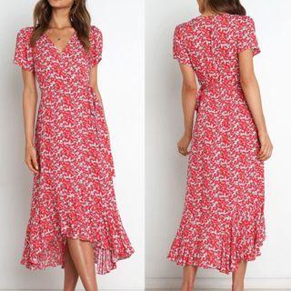 Short Sleeve V-neck Floral Print Tie-waist Maxi Dress