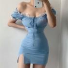 Balloon-sleeve Lace Trim Mini Sheath Dress