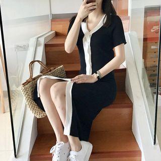 Contrast Trim Buttoned Short-sleeve Midi Bodycon Dress