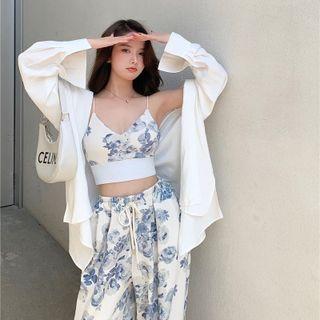 Long-sleeve Plain Loose-fit Shirt / Sleeveless Print Cropped Top / Print Loose-fit Pants