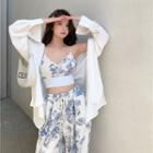 Long-sleeve Plain Loose-fit Shirt / Sleeveless Print Cropped Top / Print Loose-fit Pants