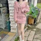 Set: Cable Knit Mini Sheath Tank Dress + Cardigan Pink - One Size