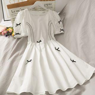 Ribbon-accent Puff-sleeve A-line Dress