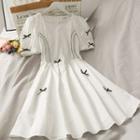 Ribbon-accent Puff-sleeve A-line Dress