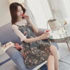 Set: Short-sleeve Blouse + Flower Print Mini Overall Dress