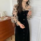 Long-sleeve Floral Mesh Panel Button-up Midi Dress Black - One Size