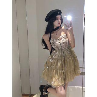 Strapless Lace Up Sheer Panel A-line Dress